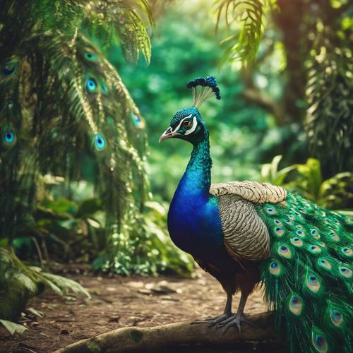Un pavone vibrante che mostra il suo piumaggio iridescente, circondato da un&#39;incantevole aura verde in una lussureggiante foresta pluviale.
