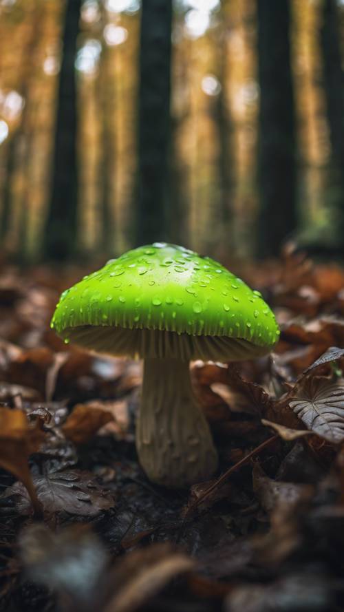 Seekor jamur hijau neon bertengger di lantai hutan berdaun basah selama musim gugur.