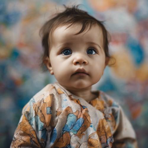 Một em bé trong chiếc áo khoác của một nghệ sĩ, được lấy cảm hứng từ bức tranh tường trống trước mặt cô.