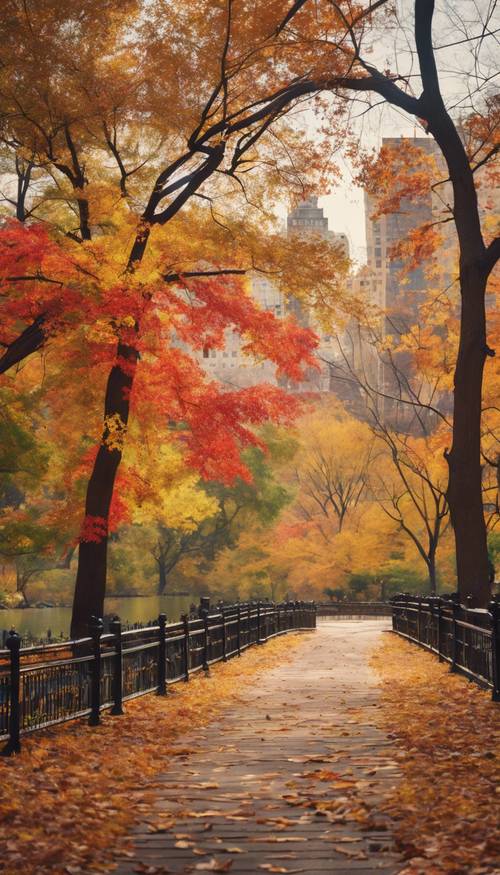 Central Park in New York during the colorful autumn season, with a footpath surrounded by vibrant fall leaves. Тапет [4d5dba723bfe40359d2a]