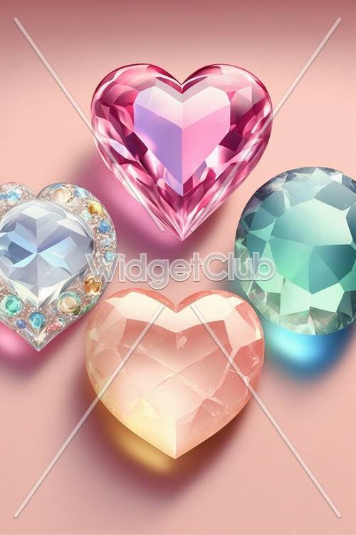 Colorful Heart Gems on Pink Background