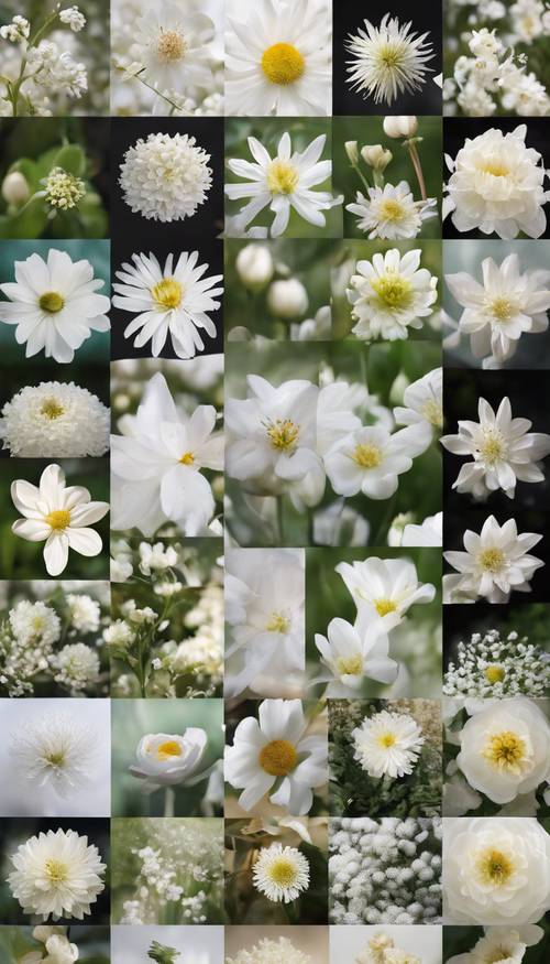 A collage featuring a collection of white flowers from around the world. Валлпапер [8f8816ac9577426789bf]