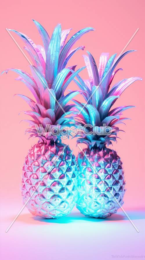 Colorful Neon Pineapples on Pink Background