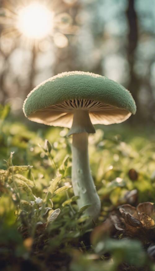 在陽光明媚的午後，鼠尾草綠色蘑菇在溫暖中茁壯成長