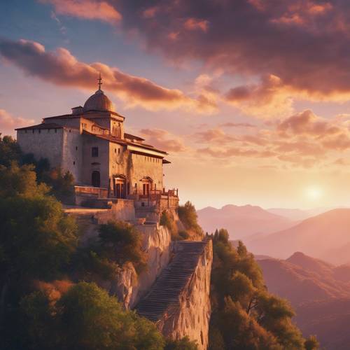 Um tranquilo mosteiro situado no alto de uma montanha, sob a mistura das belas cores do pôr do sol.