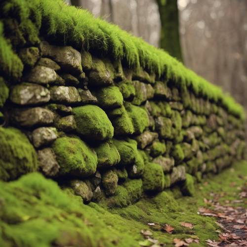 Uma parede de pedra marrom coberta de musgo verde.