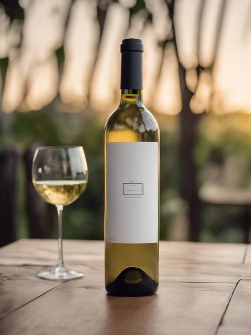 An elegant white wine bottle with a minimalist label design, sitting on a wooden table.