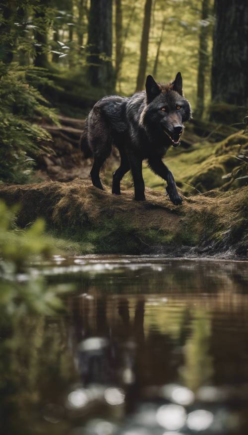 A pair of dark wolves playfully chasing each other near a stream in the heart of a lush forest.