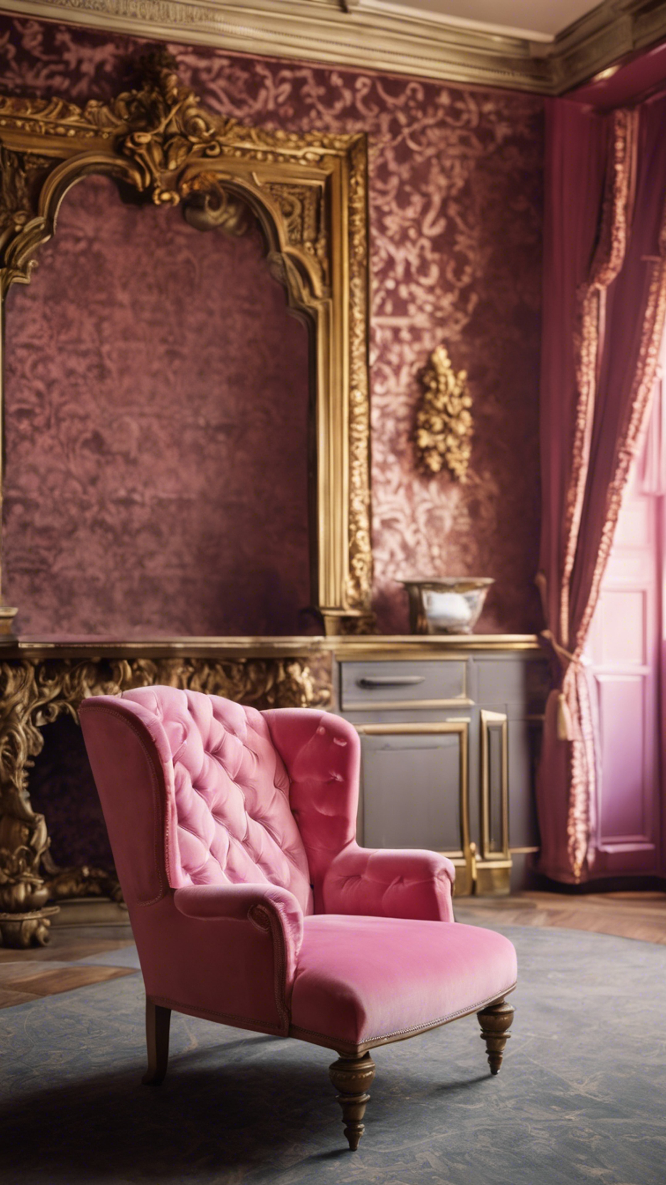 A pink antique velvet armchair set against a gold-leaf patterned wall in a Victorian era room.壁紙[f51172fa36db4600a464]