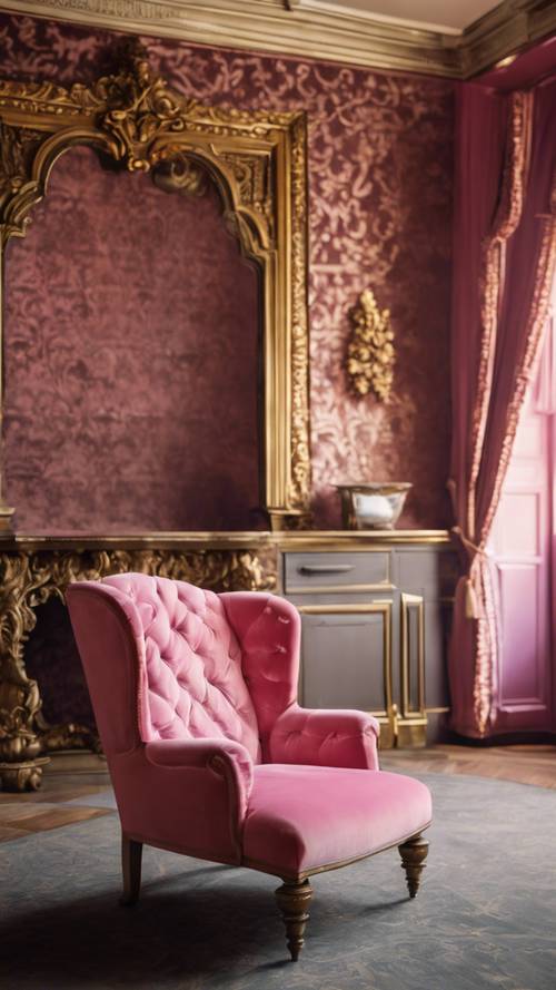 Uma poltrona antiga de veludo rosa encostada em uma parede com padrão de folha de ouro em uma sala da era vitoriana.