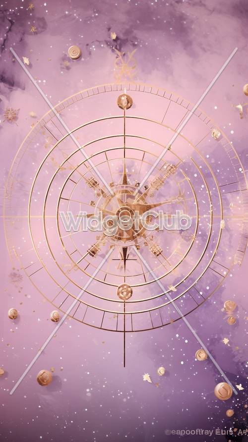 Mistyczne złote astrolabium na różowym niebie gwiezdnego pyłu