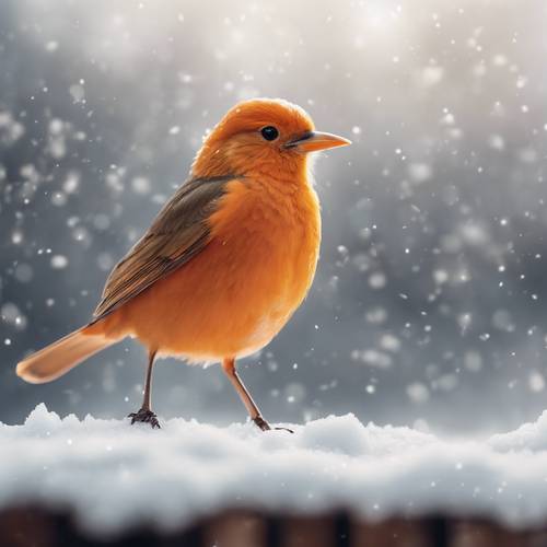 一隻孤獨的橘色鳥與白雪皚皚的冬季景觀形成鮮明對比。