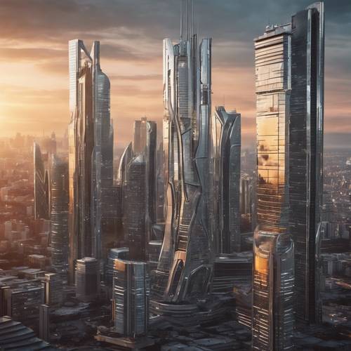 Pemandangan kota futuristik dengan gedung pencakar langit perak melawan matahari terbenam.