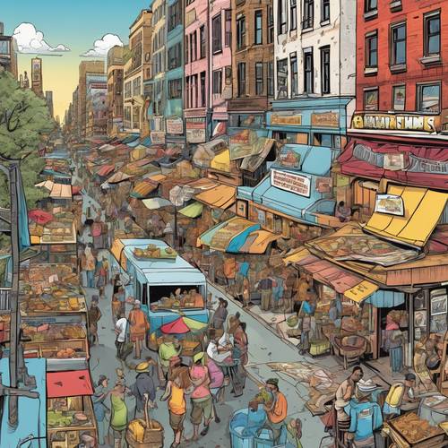 Um desenho animado vibrante de uma rua movimentada da cidade repleta de uma variedade de food trucks.