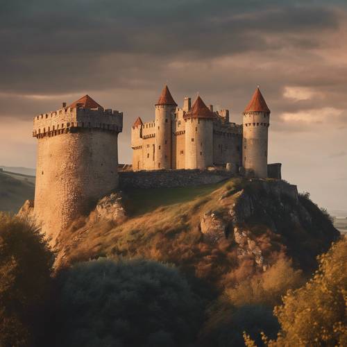 An ancient castle standing proudly on a hill, bathed in the soft glow of the setting sun. Tapet [620eb4fb95794fb880f0]