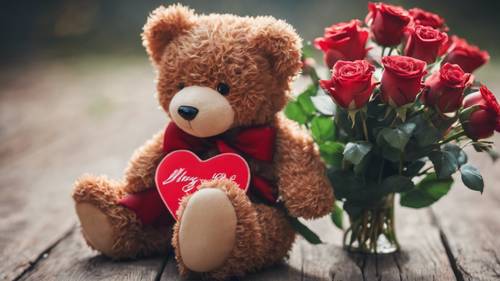A cute teddy bear holding a red heart next to a bouquet of red roses.