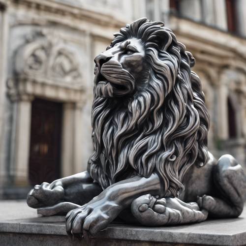 Statua di leone scolpito in marmo nero venato d&#39;argento.