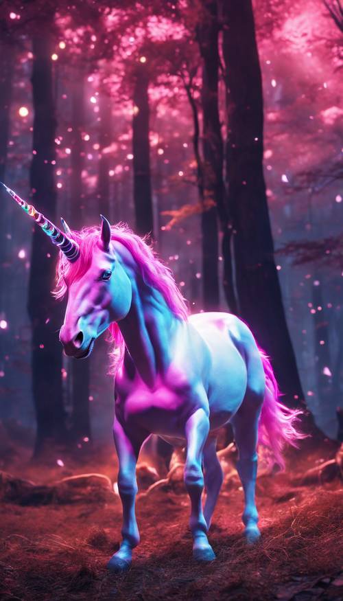 Seekor unicorn neon halus yang tumbuh di hutan yang diterangi cahaya futuristik.