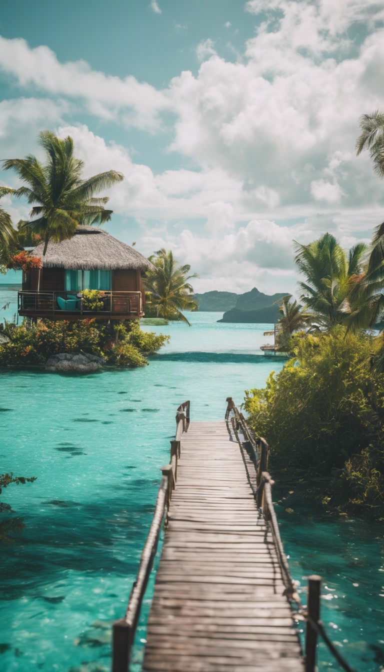 A sparkling turquoise lagoon in Bora Bora, with overwater bungalows spread across the horizon. کاغذ دیواری[d91a25b2987b4fd0b75c]