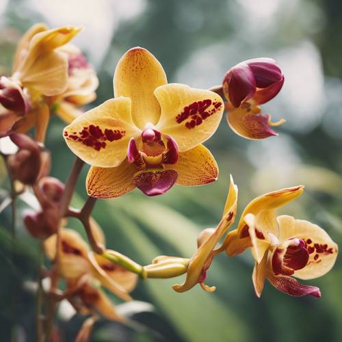 An exotic yellow and red orchid gently swaying in a summer breeze.
