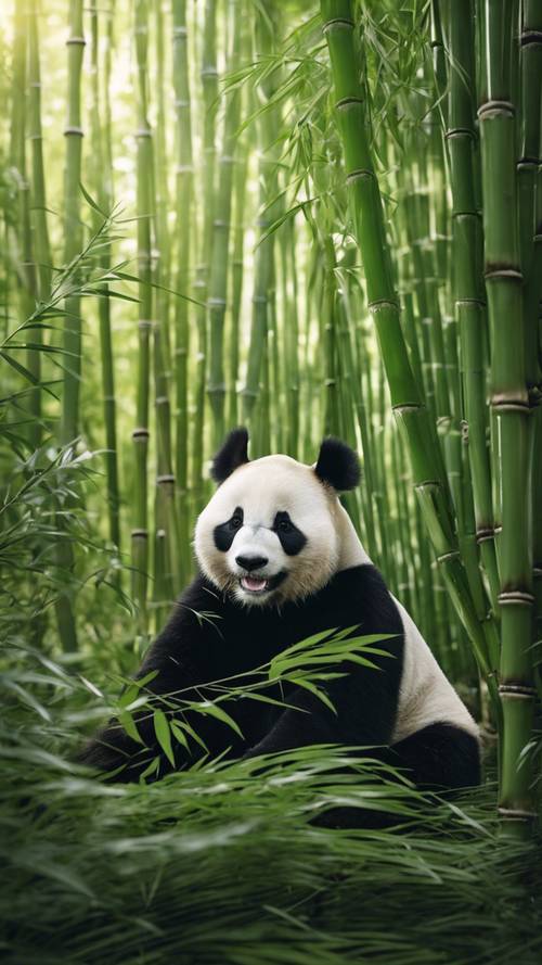 A panda bear enjoying a fresh shoot of bamboo in a mystic Chinese bamboo forest.