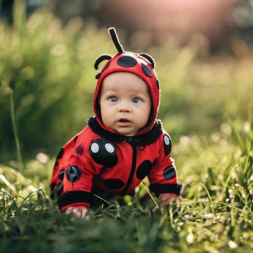 A baby in a ladybug costume crawling on the grass on a sunny day.