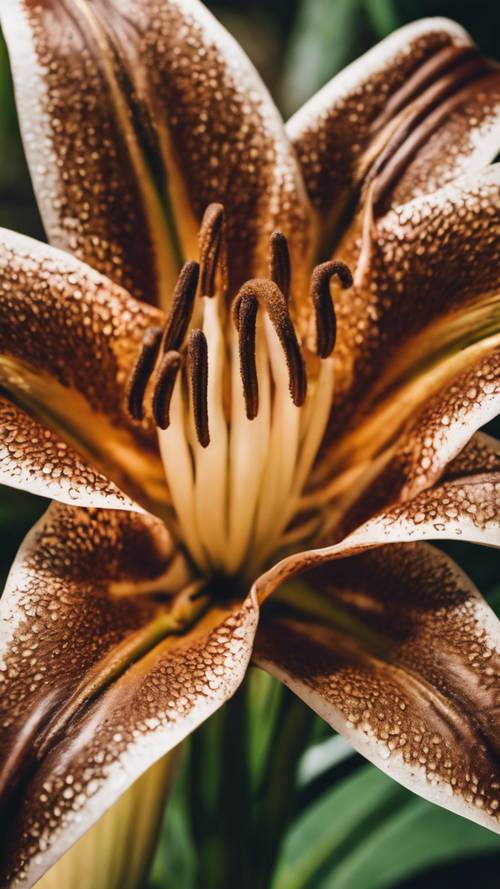 A closeup of detailed patterns on a brown lily flower.