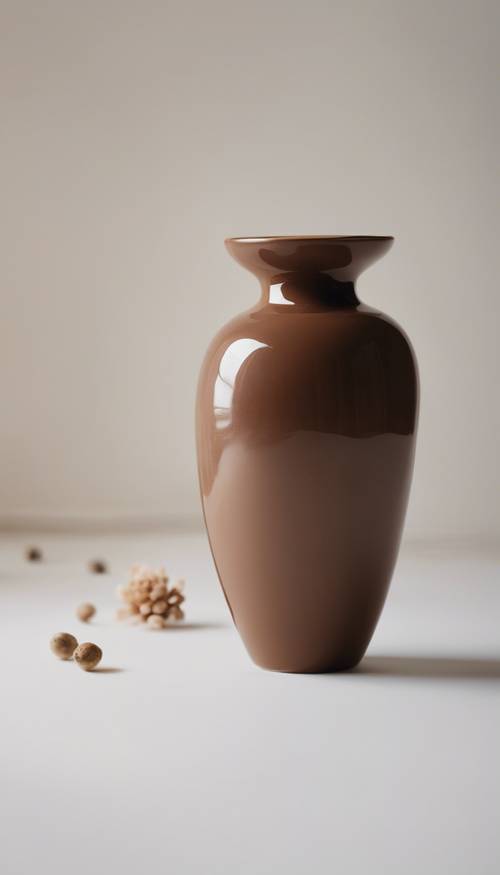 Um tiro macro de um vaso de cerâmica marrom simples em um fundo branco minimalista.