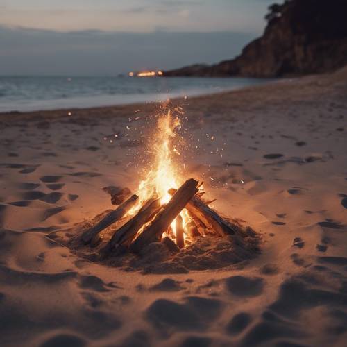 Spokojna nocna scena na plaży z ogniskiem i unoszącym się wśród iskier napisem „W ciszy świat się odradza”.