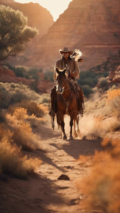 A Native American cowboy riding through a canyon in the orange evening light.