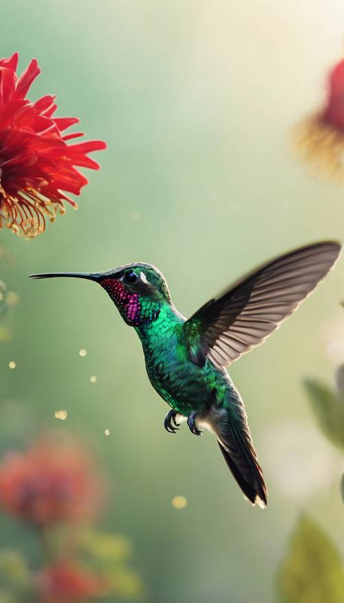 Small emerald-colored hummingbird hovering in mid-air, wings a blur, sipping from a red jungle flower.