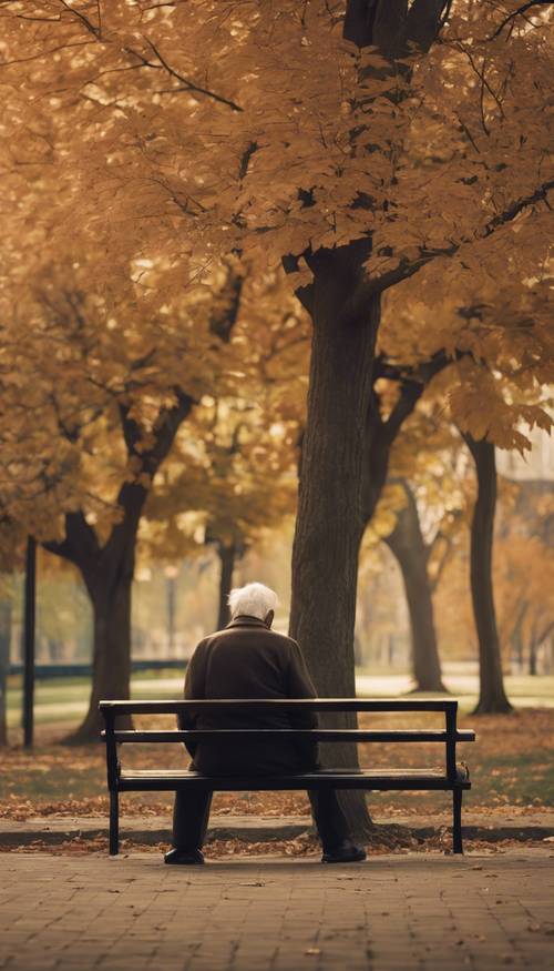 A melancholic old man sitting alone on a park bench during fall.