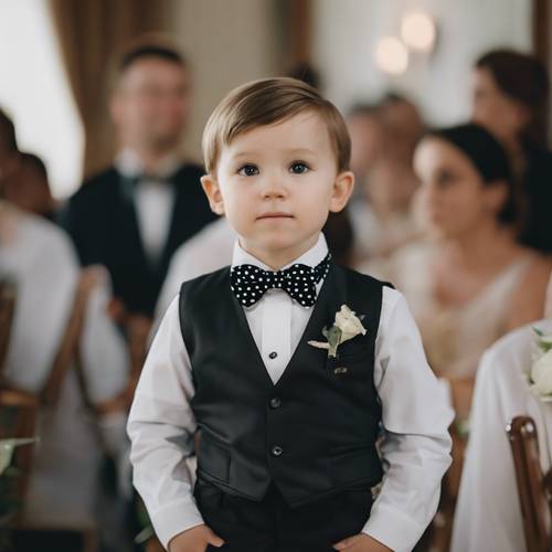 Uma criança pequena usando gravata borboleta e calça preta com bolinhas brancas em um casamento.