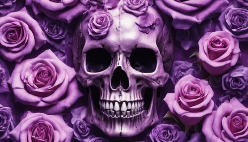 Un crâne violet avec des roses qui fleurissent des orbites