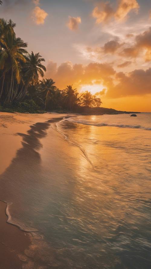 A tropical beach at sunset with hues of orange and yellow gently reflecting on the clear water.