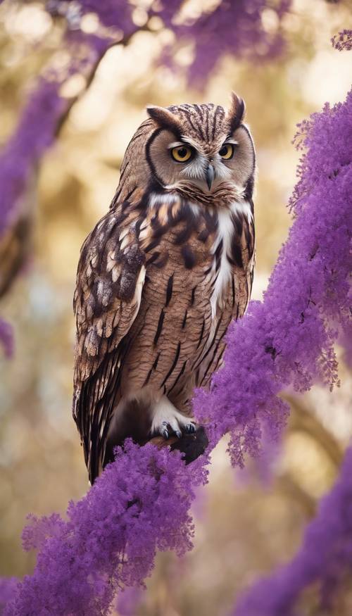 一隻古老而聰明的貓頭鷹，長著棕色的羽毛，坐在紫色藍花楹樹的樹枝上。