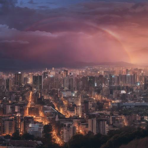 Una vista panorámica de una ciudad en expansión bajo el brillo de un arco iris crepuscular