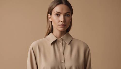 A woman dressed in a beige, minimalist outfit, standing against a beige background.