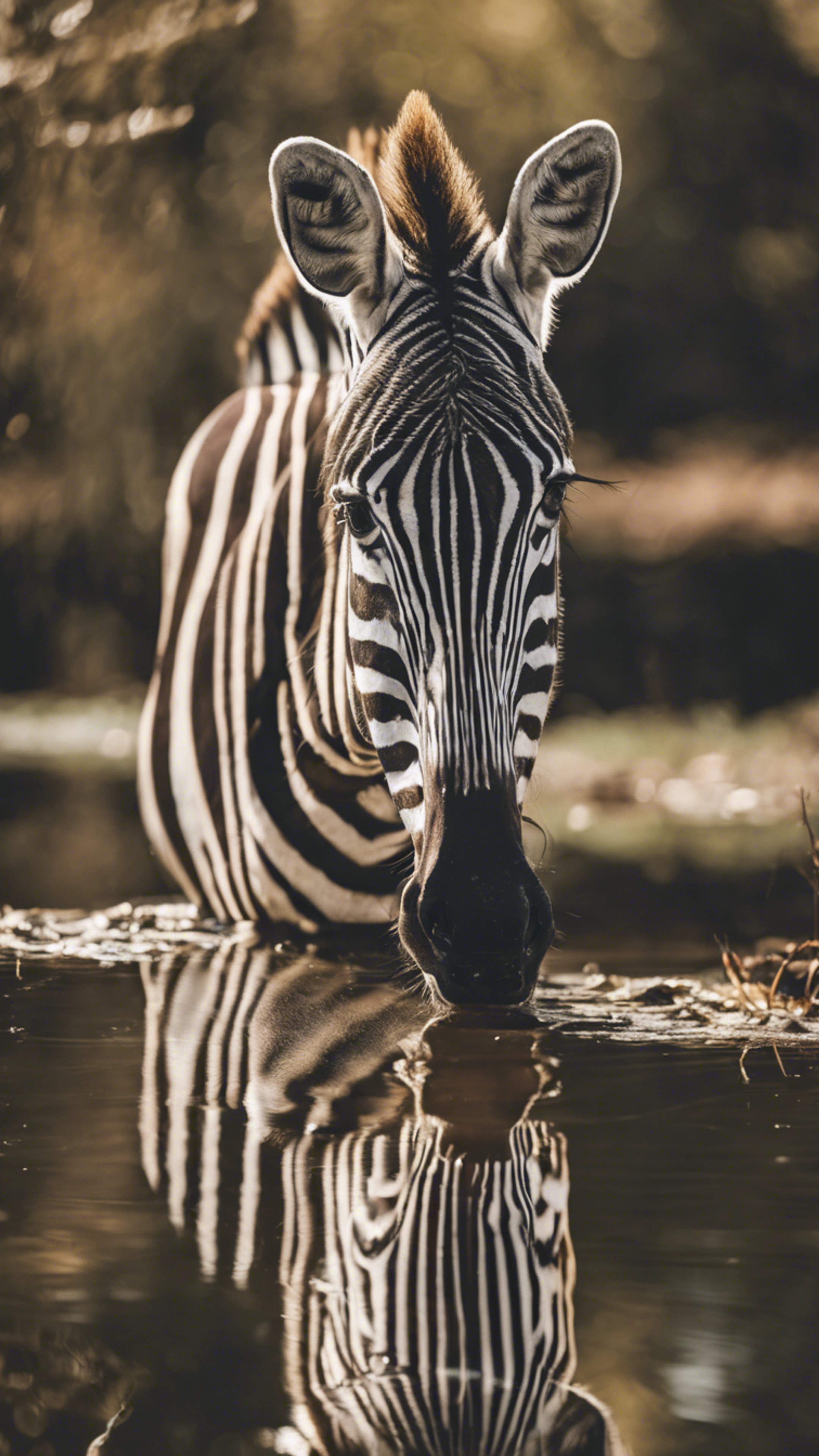 A zebra's beautiful reflection in the still waters of a calm pond. Wallpaper[d51ed46119a14e43ab31]