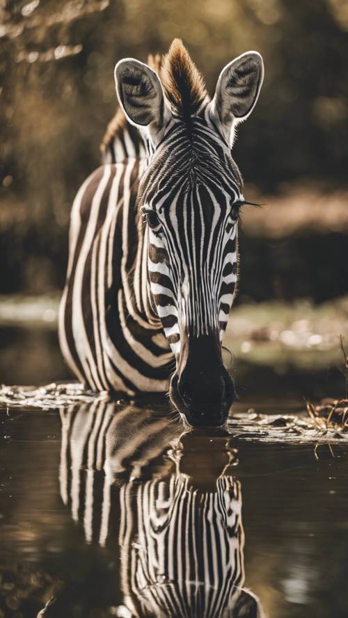 Die wunderschöne Spiegelung eines Zebras im stillen Wasser eines ruhigen Teichs.