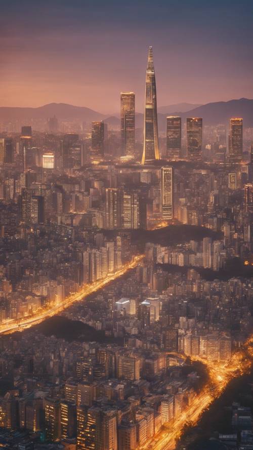 Modern skyline of Seoul at sunset, with tall skyscrapers bathed in golden light. Ფონი [55b9fb6663754d76bf9f]