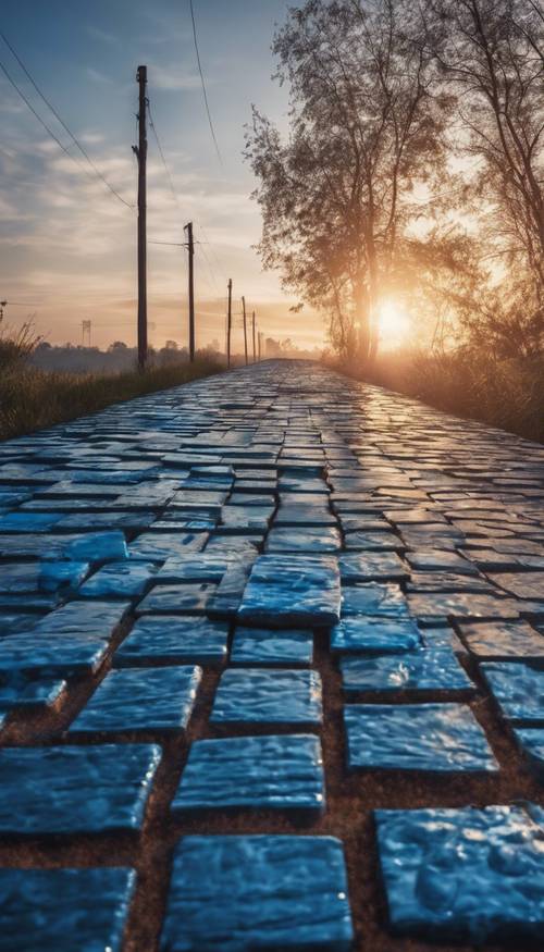 光滑的藍色磚塊反射著早晨的日出。