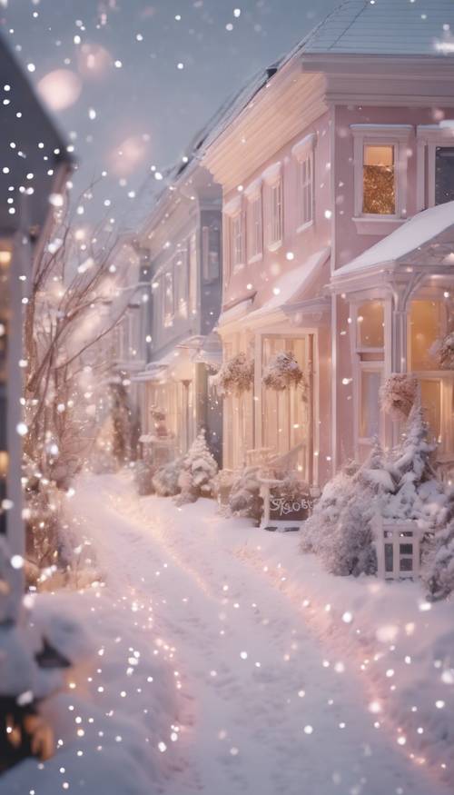 Un Noël pastel de rêve, avec une rue pleine de maisons pastel, de la neige tombant doucement et des lumières scintillantes.