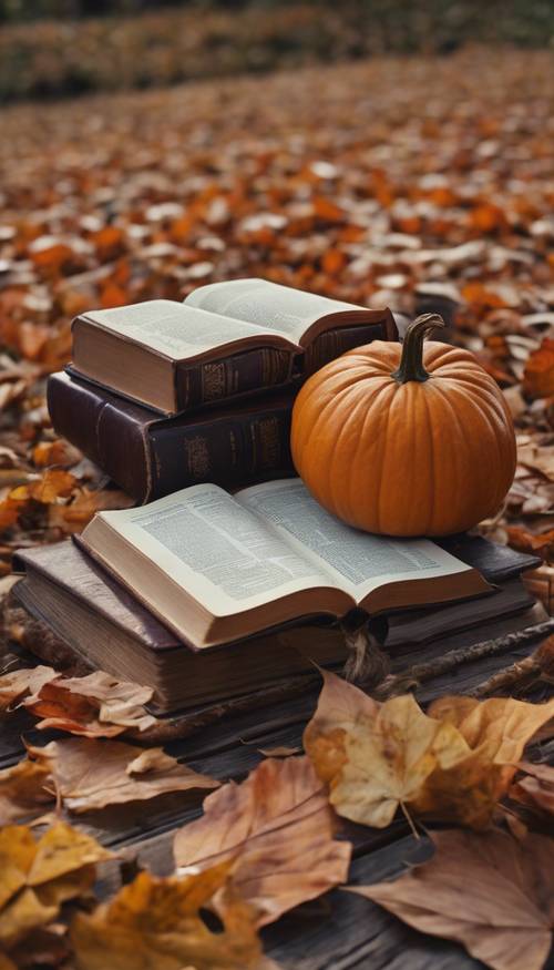 Uma Bíblia aberta sobre uma mesa de madeira vintage, cercada por abóboras coloridas e folhas de outono.
