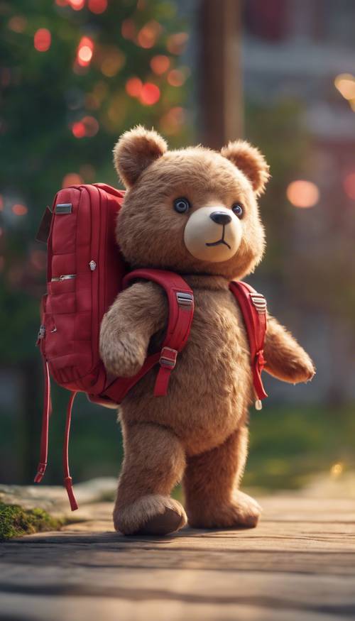 一只熊展示着它的红色书包，准备去可爱学校的第一天。