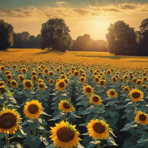 Un campo di girasoli rigogliosi che si volge verso il sole, con la frase &quot;Tieni il viso rivolto al sole e non vedrai l&#39;ombra&quot; sottilmente inserita nei dettagli dei petali.