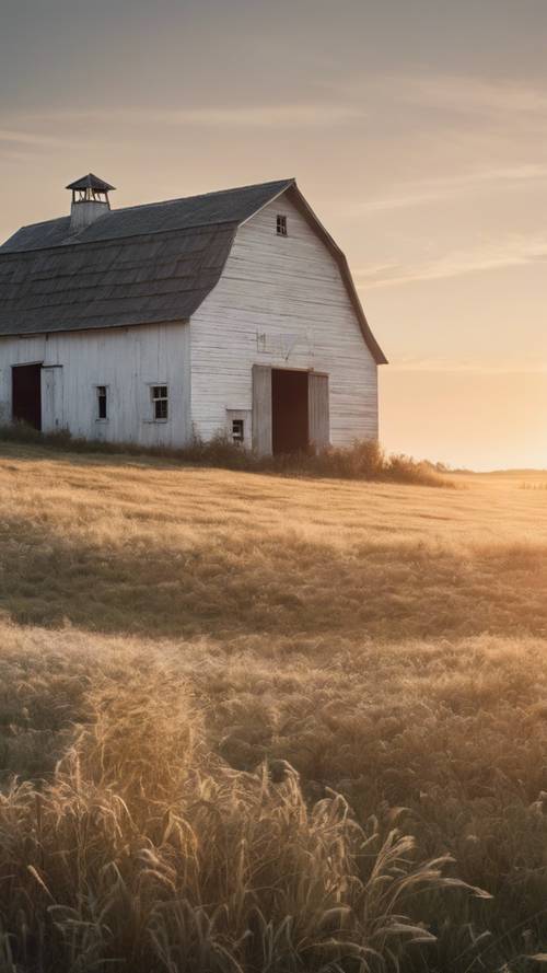Um velho celeiro branco situado numa paisagem rural ao amanhecer.