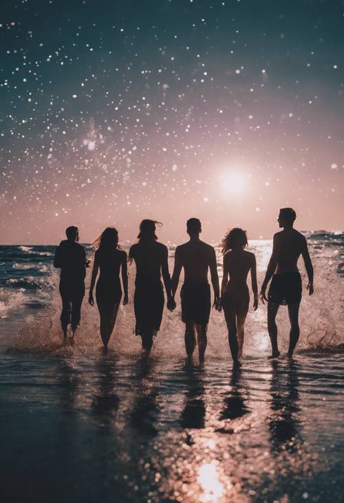 صورة نابضة بالحياة لمجموعة من الأشخاص يقيمون حفلة على الشاطئ على شاطئ رملي أسود.