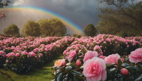 A blooming camellia garden under a rainbow after a spring shower.