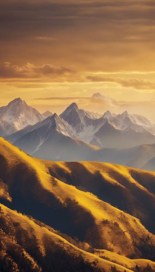 A mountain range during sunset with the peaks highlighted in vibrant yellow.